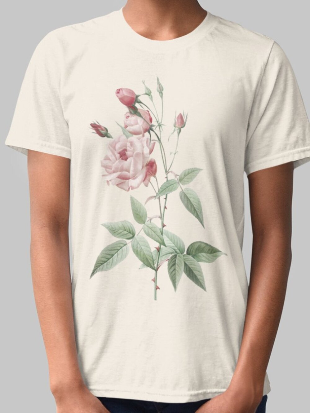 White Flowered Rose Vintage Floral Print Short Sleeve Graphic Tee T-shirt S-XXL